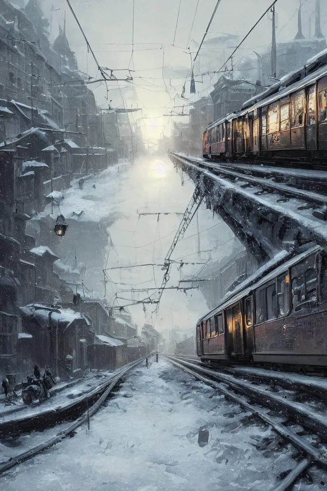 Image similar to highly detailed painting of dieselpunk stockholm, winter, snow, tram on rail tracks, dystopia, by greg rutkowski, by raphael lacoste, 4 k resolution, trending on artstation