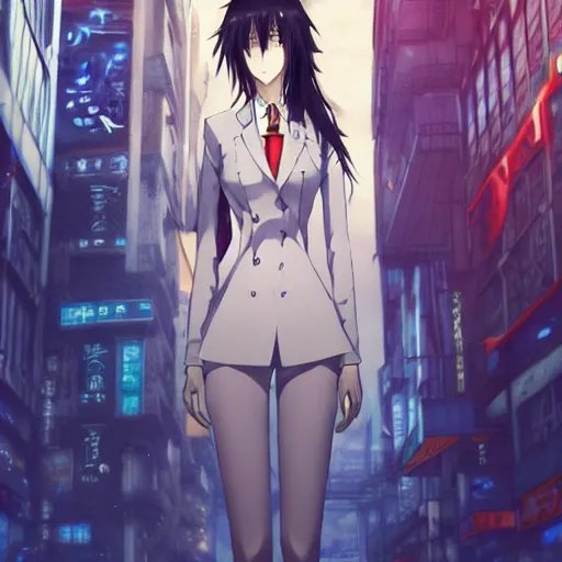 Image similar to kurisu makise steins gate in cyberpunk city, anime atmospheric, ultra realistic, standing, elegant, super highly detailed blue eyes, red tie, professional digital painting, artstation, concept art, 8k, art by wlop, artgerm and alphonse mucha and eiichiro oda