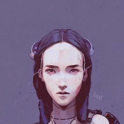 Image similar to Highly detailed portrait of a cyberpunk young lady with, freckles and wavy hair by Atey Ghailan, by Loish, by Bryan Lee O'Malley, by Cliff Chiang, by Greg Rutkowski, inspired by image comics, inspired by graphic novel cover art, inspired by nier!! Gradient color scheme ((grafitti tag brick wall background)), trending on artstation