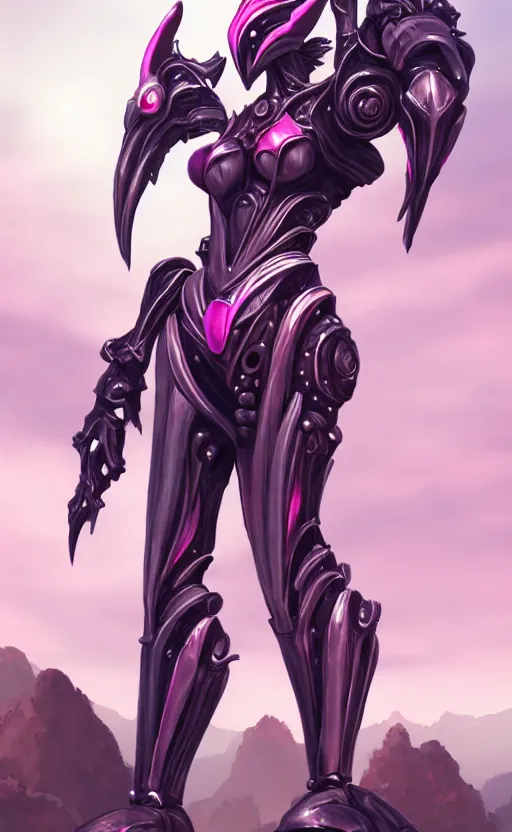 Image similar to extremely detailed giantess shot, front shot, of a goddess that's a giant beautiful stunning anthropomorphic robot female dragon with metal cat ears, standing majestically on a mountain, elegant pose, detailed sharp robot dragon claws, robot dragon feet, streamlined pink armor, thick warframe thighs, long elegant tail, detailed warframe fanart, destiny fanart, high quality digital art, giantess art, furry art, 3D realistic, warframe art, Destiny art, furaffinity, DeviantArt, artstation, 8k HD, octane render