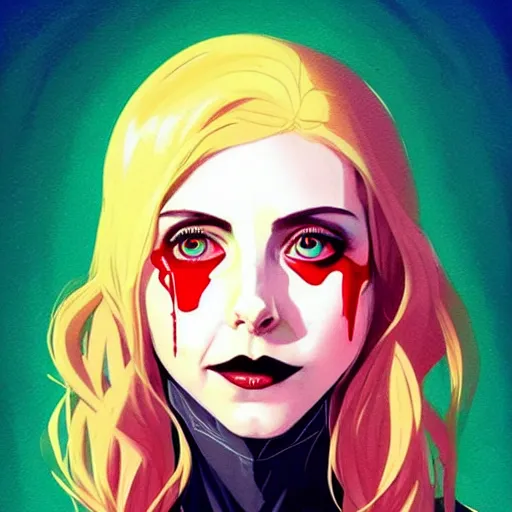 Prompt: loish, artgerm, Joshua Middleton art, pretty female Alison Brie serial killer holding bloody knife, blood on clothes and face, sarcastic smile, symmetrical eyes, symmetrical face, full body, jean jacket, jeans, short blonde hair, middle shot, highly saturated, deep blacks