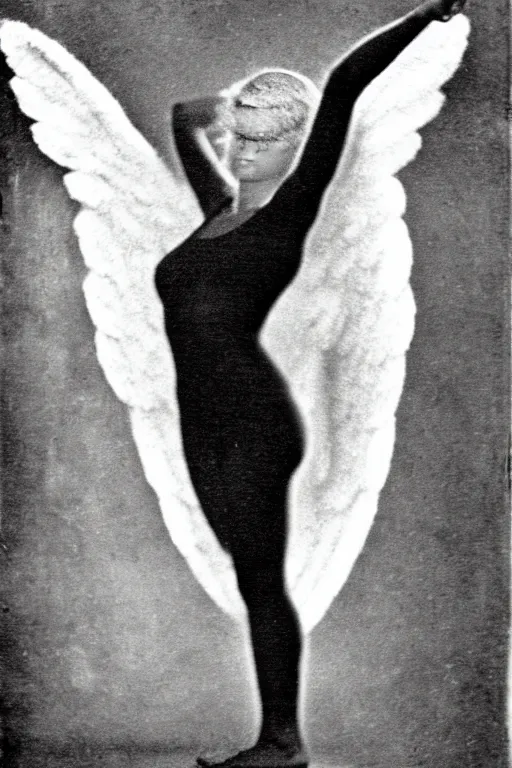 Prompt: old realistic photo of an real angel, angel is doing yoga, photograph, early 1 9 0 0's, black and whitehighly detailed, matte, sharp focus, smooth, sharp focus, illustration