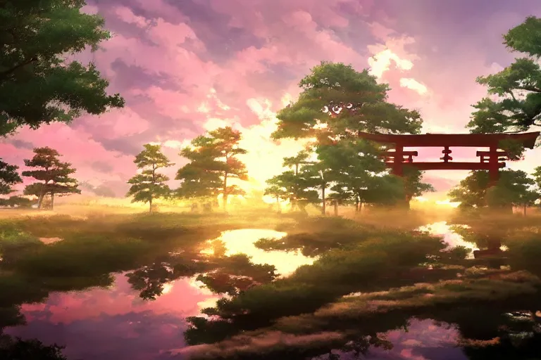 Prompt: hypnagogic reflections by makoto shinkai, centered torii gate, japanese countryside, anime wallpaper, 4k, HDR timelapse, trending arstationhq, daily deviation