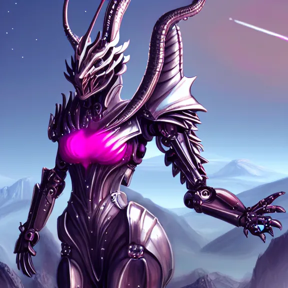 Image similar to extremely detailed fanart of a goddess that's a giant beautiful anthropomorphic robot female dragon, standing majestically over mountains, elegant pose, shiny silver metal armor, fuchsia skin, warframe fanart, high quality digital art, furry art, furaffinity, DeviantArt, 8k HD