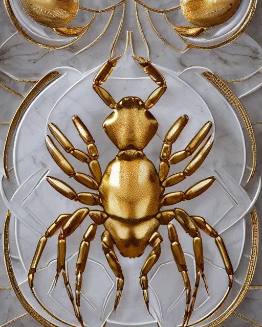 Image similar to symmetry, white marble, white marble bas relief sculpture, white pottery with gold kintsugi, feminine shapes, crabs, spiders, scorpions, tarantulas, stunning, highly detailed, intricately detailed, art nuevo, octane, 8 k, hdr, art by hr geiger and ridley scott and alphonse mucha, trending on artstation