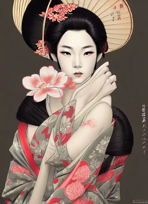 Image similar to lovely japanese geisha, character portrait, sketch, concept art, intricate details, highly detailed photorealistic, portrait, in the style of adam hughes, seseon yoon, artgerm and warren louw