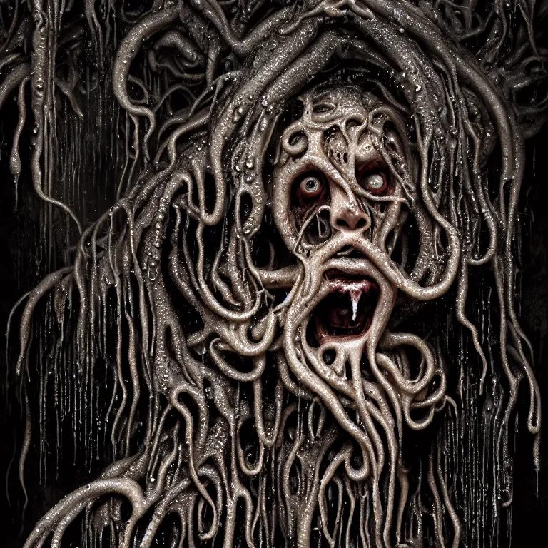 Image similar to ribbed abandoned melting surreal dripping face portrait, covered with tentacles, spines, roots, baroque painting, standing in a desolate empty wasteland, creepy, nightmare, dream-like heavy atmosphere, surreal abandoned buildings, beautiful detailed intricate insanely detailed octane render trending on Artstation, 8K artistic photography, photorealistic, chiaroscuro, Raphael, Caravaggio, Beksinski, Giger, pastel colors