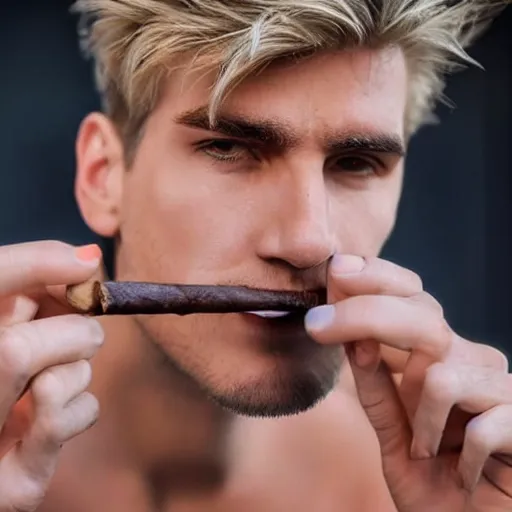 Image similar to a closeup photo of handsome gigachad xqc elrubius smoking a cigar