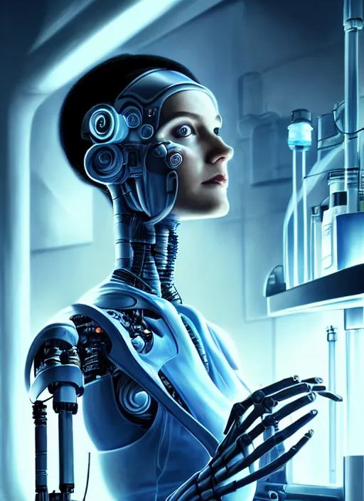 Image similar to cyberpunk,sci-fi, fantasy,Kodak Portra 400, 8K, soft light, volumetric lighting, highly detailed, britt marling style 3/4 ,portrait photo of a beautiful cyborg robot woman in a chemical laboratory + face, intricate, elegant, highly detailed, digital painting, artstation, concept art, smooth, sharp focus, illustration,art by artgerm and greg rutkowski and alphonse mucha