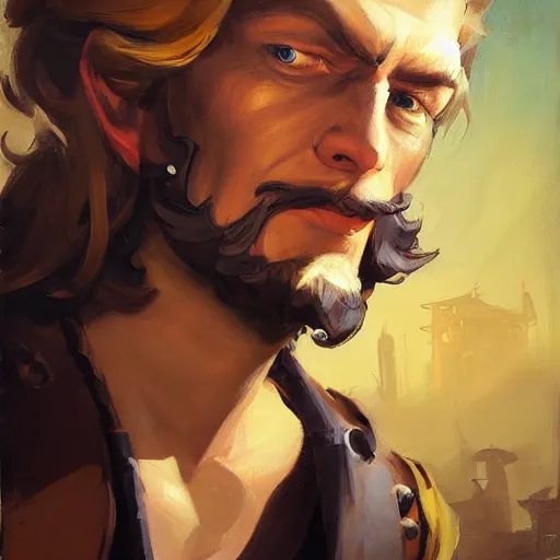 Image similar to greg manchess portrait painting of partially armored pirate captain guybrush threepwood as overwatch character, medium shot, asymmetrical, profile picture, organic painting, sunny day, matte painting, bold shapes, hard edges, street art, trending on artstation, by huang guangjian, gil elvgren, ruan jia, greg rutkowski, gaston bussiere