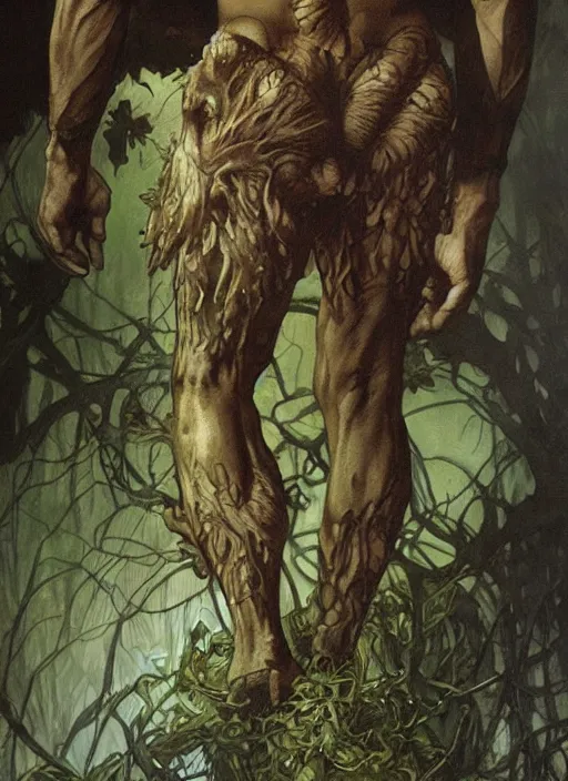 Image similar to renaissance grotesque full body portrait painting of angry swamp thing walking to the camera, camera puller back far, superior, elegant artwork by lee bermejo and greg rutkowski and alphonse mucha