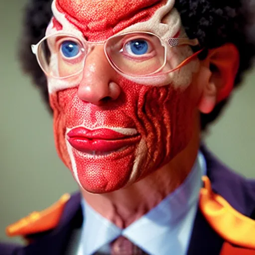 Image similar to uhd photorealisitc candid photo of cdc director slim goodbody in costume at press conference. correct coostume. correct face, accurate face. photo by annie leibowitz and steve mccurry