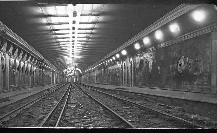 Image similar to old photo from 1 9 6 5. very large giant mutant antropomorphic rat in tonnel of moscow metro. extreme high detail. low light, scary atmosphere