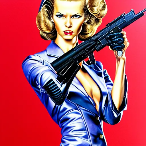 Image similar to mal watson chic lady holding a gun, 1 9 8 0's art, airbrush style, art by hajime sorayama,, intricate, elegant, sharp focus, illustration, highly detailed, h 6 4 0