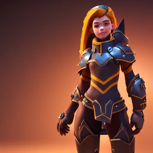 Image similar to a young girl with the appearance and armor of brigitte from overwatch, design, octane render, 4 k, ingame shot