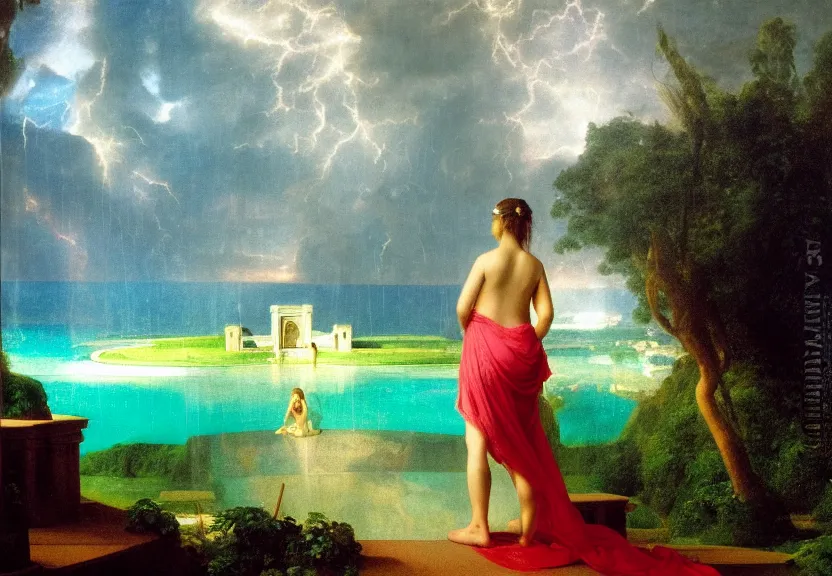 Image similar to Girl at the palace, refracted sparkles, thunderstorm, greek pool, beach and Tropical vegetation on the background major arcana sky, by paul delaroche, hyperrealistic 4k uhd, award-winning, very very very detailed