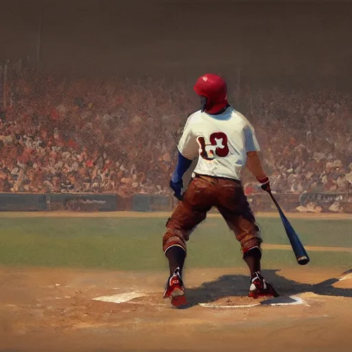 Image similar to baseball player hitting the ball with the baseball bat in the middle of the game and in front of everyone in the stadium, james gurney painting style, greg rutkowski, artstation