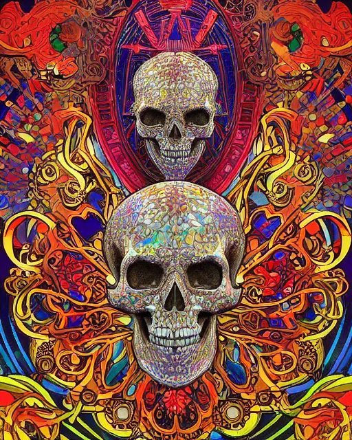 Image similar to skull carving art surrounded by varities of superhot chili peppers, cell shading, voronoi, fibonacci sequence, sacred geometry by Alphonse Mucha, Moebius, hiroshi yoshida, Art Nouveau, colorful, ultradetailed, vivid colour, 3d