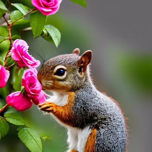 Image similar to Squirrel eating rose bush, realistic artstyle, wide shot, dramatic lighting, octane render, hyperrealistic, high quality, highly detailed, HD, beautiful, cinematic, 8k, unreal engine, facial accuracy, symmetrical