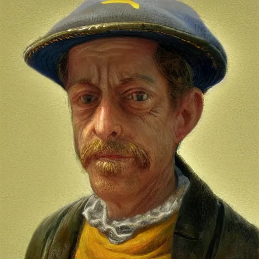 Prompt: hyper realistic closeup bust of a new england fisherman, wearing a yellow fisherman's hat, steve buscemi, painted, colorized, bossons vintage chalkware, by emile renouf