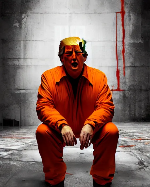 Image similar to a head and shoulders portrait of Donald trump wearing a orange jumpsuit, sitting on the floor of a filthy rat infested concrete jail, dimly lit, volumetric lighting, in jail by craig mullins and Annie Leibowitz, octane, 8k,