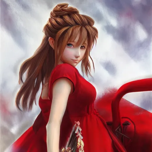 Image similar to concept art of aerith gainsborough in wall market red dress, highly detailed, trending on artstation