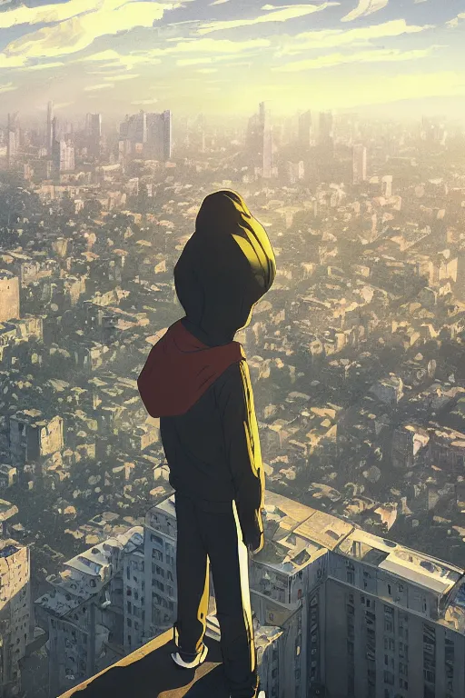 Prompt: depressed boy in black adidas sportswear looking atop of a urban plateau filled with detailed soviet apartment buildings, golden hour, dreamy, beautiful clouds, ultra detailed beautiful lighting, wallpaper, suburbs, beautiful artwork by Makoto Shinkai