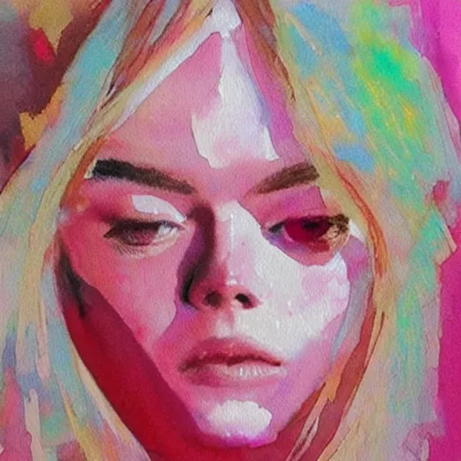 Image similar to abstract painting of Elle Fanning, by Bill Sienkiewicz