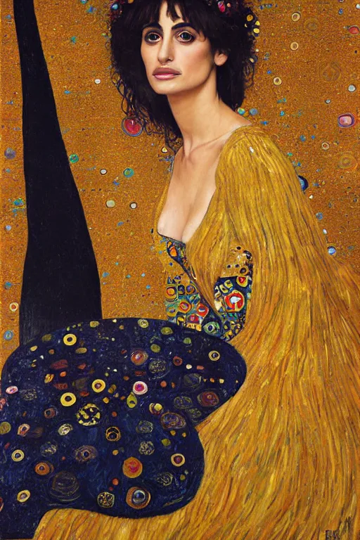 Image similar to oil painting, portrait of penelope cruz, artwork by gustav klimt