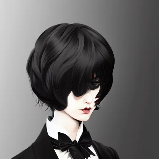 Image similar to girl in tuxedo with black chaotic wavy short haircut, elegant, 2d, ultra highly detailed, digital painting, smooth, sharp focus, artstation, art by Ilya Kuvshinov and Range Murata