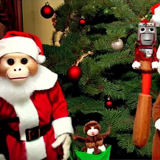 Prompt: capuchin monkey putting christmas tree ornament on christmas tree, standing next to humanoid robot, living room, 2 0 0 6 youtube video