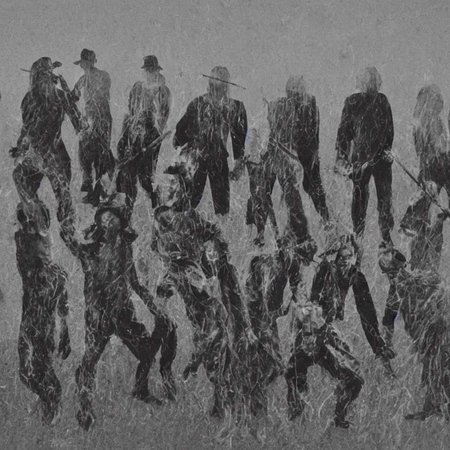 Image similar to distorted 1 3 mm film photograph of a group of clowns in a field holding machetes at night, liminal, dark, thunderstorm, dark, flash on, blurry, grainy, ominous lighting