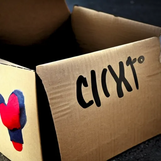 Prompt: a cardboard box with a clown peeking out if it, and the words lol written on it, realistic