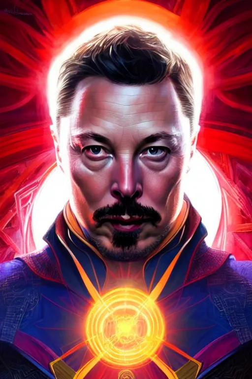 Image similar to elon musk as dr strange, realistic portrait, symmetrical, highly detailed, digital painting, artstation, concept art, smooth, sharp focus, illustration, cinematic lighting, art by artgerm and greg rutkowski and alphonse mucha