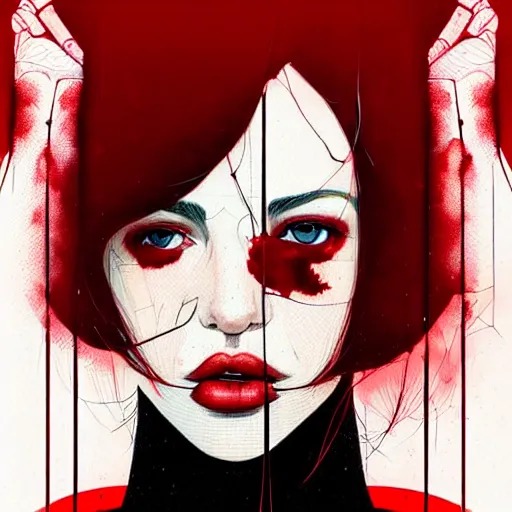 Image similar to lips sewn shut surrounded by red curtains by Conrad Roset and Nicola Samuri, close-up shot, rule of thirds, seductive look, beautiful, intricate, dystopian, sci-fi, extremely detailed, digital painting, artstation, concept art, smooth, sharp focus, illustration, intimidating lighting, incredible art, details visible, very dark ambiance