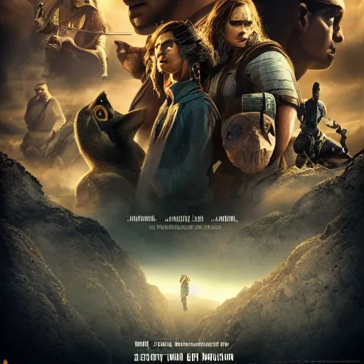 Image similar to cinema poster of blockbuster, 4k, fantasy, concept art, smooth, highly detailed, cinematic lighting, epic, sharp focus
