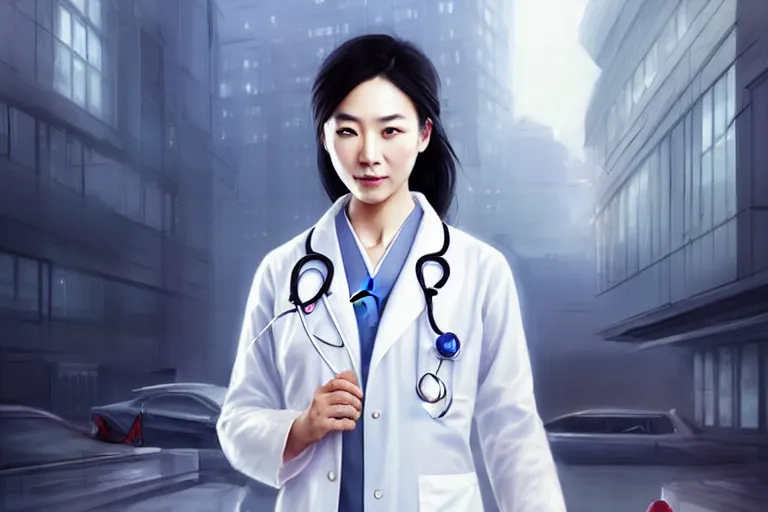 Image similar to an elegant and beautiful chinese female doctor in a white coat in front of a hospital building, cinematic, highly detailed, digital painting, artstation, concept art, matte, sharp focus, illustration, art by artgerm and greg rutkowski