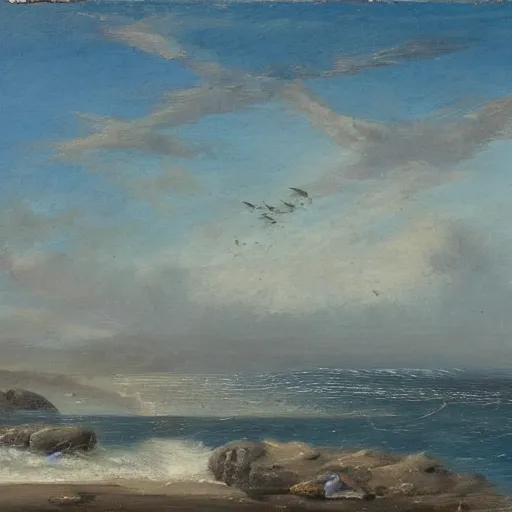 Image similar to A coast with sand and small rocks with a blue sky and a troubled sea and an old sailing ship on the horizon and in the sky is a flock of birds flying southwards, painted in oil colours