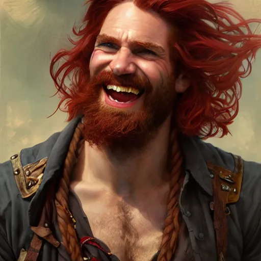 Image similar to portrait of a young ruggedly handsome but joyful pirate, male, masculine, upper body, crimson hair, long hair, d & d, fantasy, giddy smirk, intricate, elegant, highly detailed, digital painting, artstation, concept art, matte, sharp focus, illustration, art by artgerm and greg rutkowski and alphonse mucha