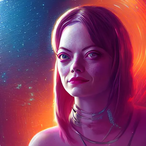 Prompt: cosmic cyberpunk portrait of emma stone, hyper detailed, digital art, trending in artstation, cinematic lighting, studio quality, smooth render, unreal engine 5 rendered, octane rendered, art style by klimt and nixeu and ian sprigger and wlop and krenz cushart.