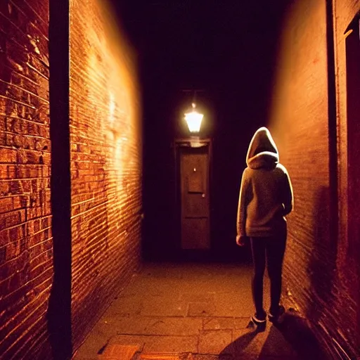 Prompt: a creepy iphone camera photograph of a dark alleyway in west philadelphia at night, with a college - aged woman in the distance. girl in the photo wearing a navy hoodie. directed by david lynch, full color