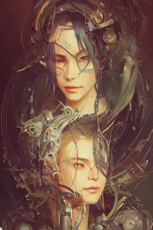 Image similar to A full portrait of a powerful beautiful futuristic dystopian junktown Japanese techromancer sorcerer enchanter, intricate, elegant, highly detailed, digital painting, artstation, concept art, smooth, sharp focus, illustration, art by Krenz Cushart and Artem Demura and alphonse mucha