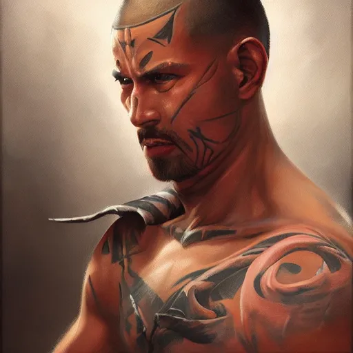 Prompt: A detailed matte oil on canvas painting of a male martial artist monk, orchid arm tattoos by greg rutkowski and artgerm, trending on artstation, dungeons and dragons art