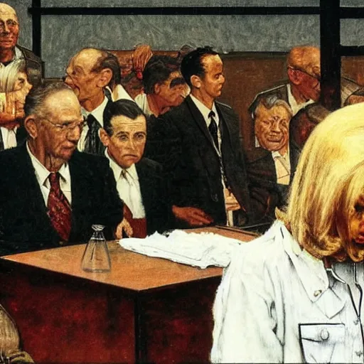 Image similar to liz cheney being judged at the nuremberg trials, artist norman rockwell,