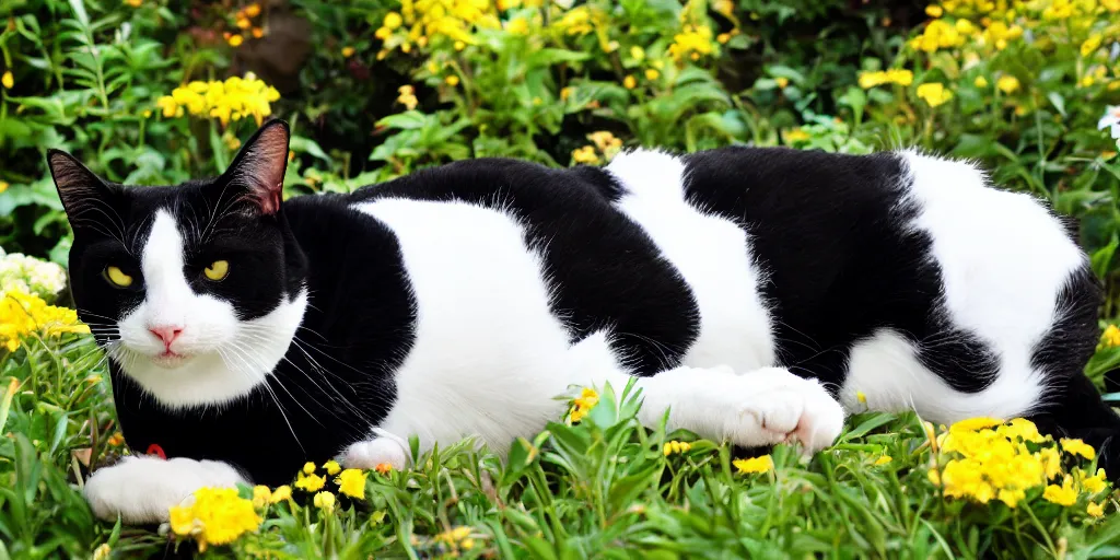 Prompt: a tuxedo cat with a white chin, black face, white whiskers and a white spade on his chest sitting in a flower bed