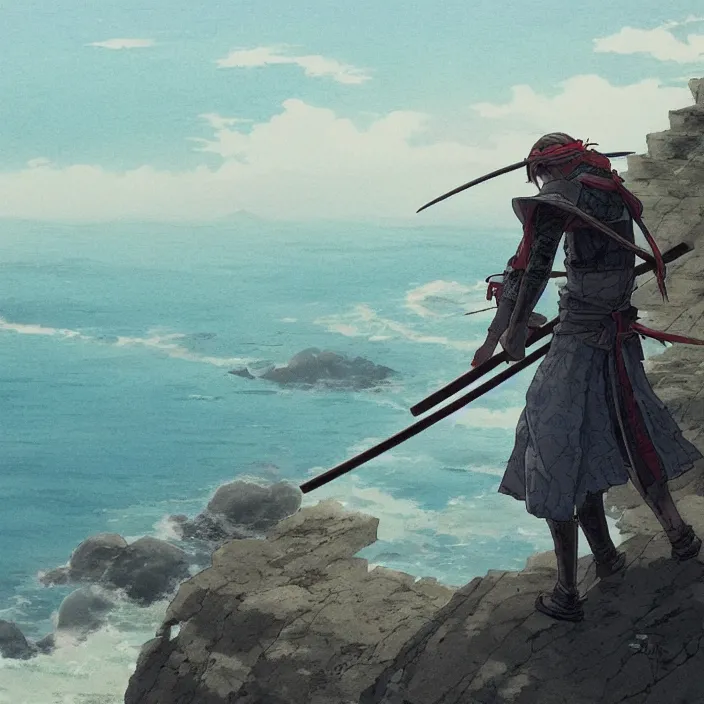 Image similar to an anime still of a ronin samurai standing on the edge of a cliff overlooking the ocean, confident looking, finely detailed features, perfect art, at an ancient castle, trending on pixiv fanbox, painted by greg rutkowski makoto shinkai takashi takeuchi studio ghibli, akihiko yoshida