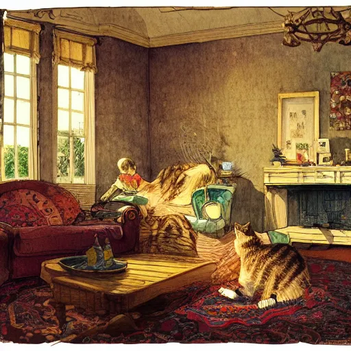 Prompt: a beautiful intricate watercolor illustration of a living room with playing cats, 4 k, ultra - wide angle, by william turner, by victo ngai, by moebius, by gustave dore, hd, trending on artstation, hyper detailed, muted intense colors