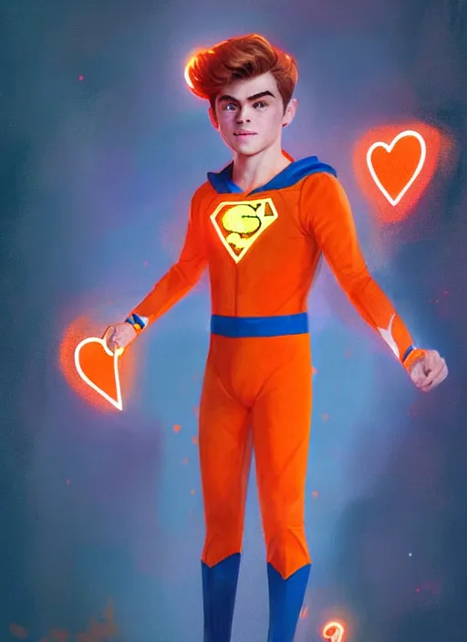 Image similar to kind teenage archie andrews wearing an orange superhero costume, superhero costume with heart emblem, cape, intricate, elegant, glowing lights, highly detailed, digital painting, artstation, sharp focus, illustration, art by wlop, mars ravelo and greg rutkowski