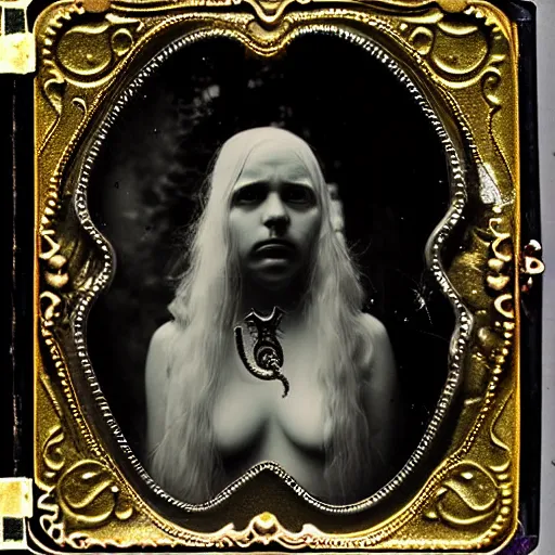 Image similar to tintype ambrotype daguerreotype of a cthulhu priestess adorned in occult jewelery with tentacle hair. emerging walking out of a slithering baroque frame. she is high priestess of cthulhu. tintype