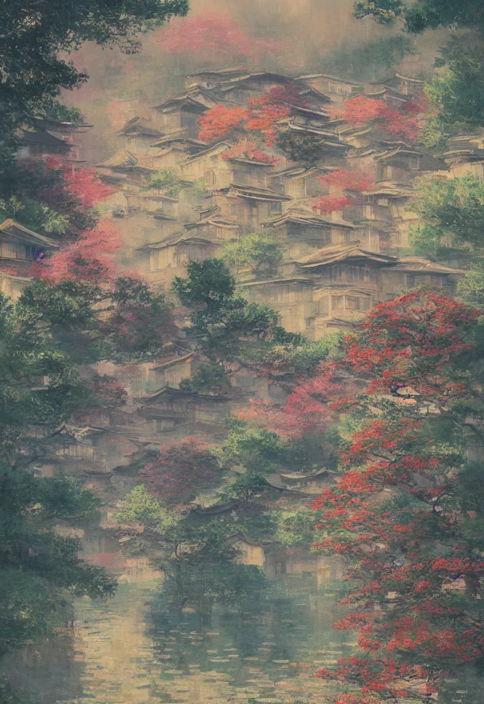 Prompt: a beautiful japanese city in the mountain, amazing ryokans and gorgeous edo era houses, fantastic non human character, epic cyberpunk, lofi vibe, colorful, vivide colors, amazing light, really beautiful nature, by jeremy lipkin, by claude monet, by makoto shinkai, kandinsky touches, inspired by ghibli, masterpiece, beautiful